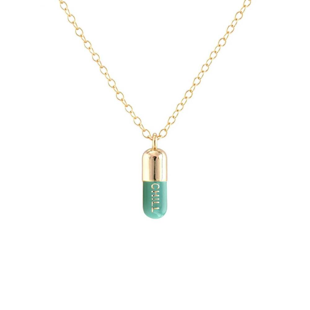 NEW KRIS NATIONS women's chill pill enamel necklace in 18k gold vermeil / turquo
